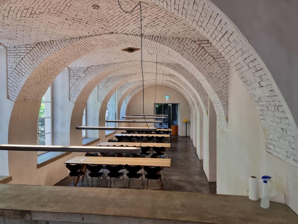 The vaulted dining hall of Basel youth hostel, in the old factory by the St. Alban canal