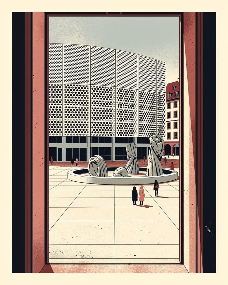 Illustration: Eine Skulptur des Sektors Parcours von Art Basel auf einem Platz in der Basler Altstadt, Passanten bleiben davor stehen