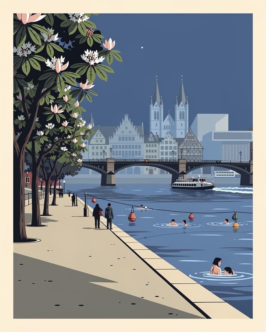 Illustration: Blühende Kastanien am Rheinufer in Basel im Frühling, Spaziergänger auf der Promenade, im Hintergrund die Mittlere Brücke