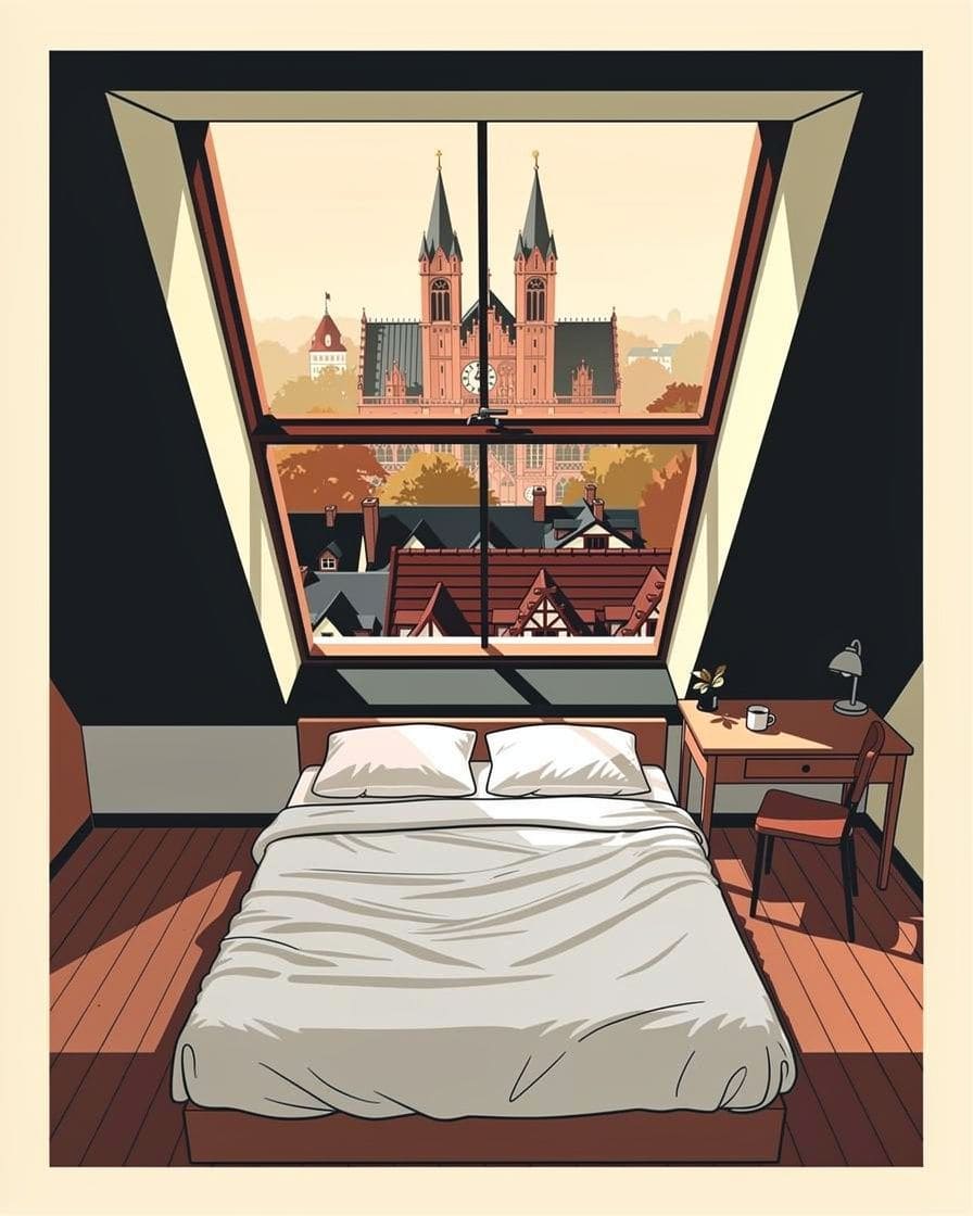 Illustration: A simple double room in a Basel Old Town hotel, looking over the rooftops to the towers of the Minster