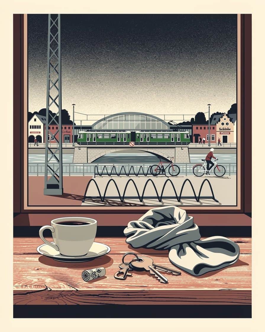 Illustration: The Kleinbasel riverbank in the evening with restaurants and bars along the promenade, a few minutes from Messeplatz in Basel