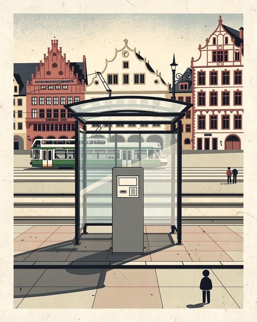 Illustration: Ein Billettautomat der Basler Verkehrs-Betriebe an einer Tramhaltestelle, daneben ein Reisender, der ein Ticket kauft