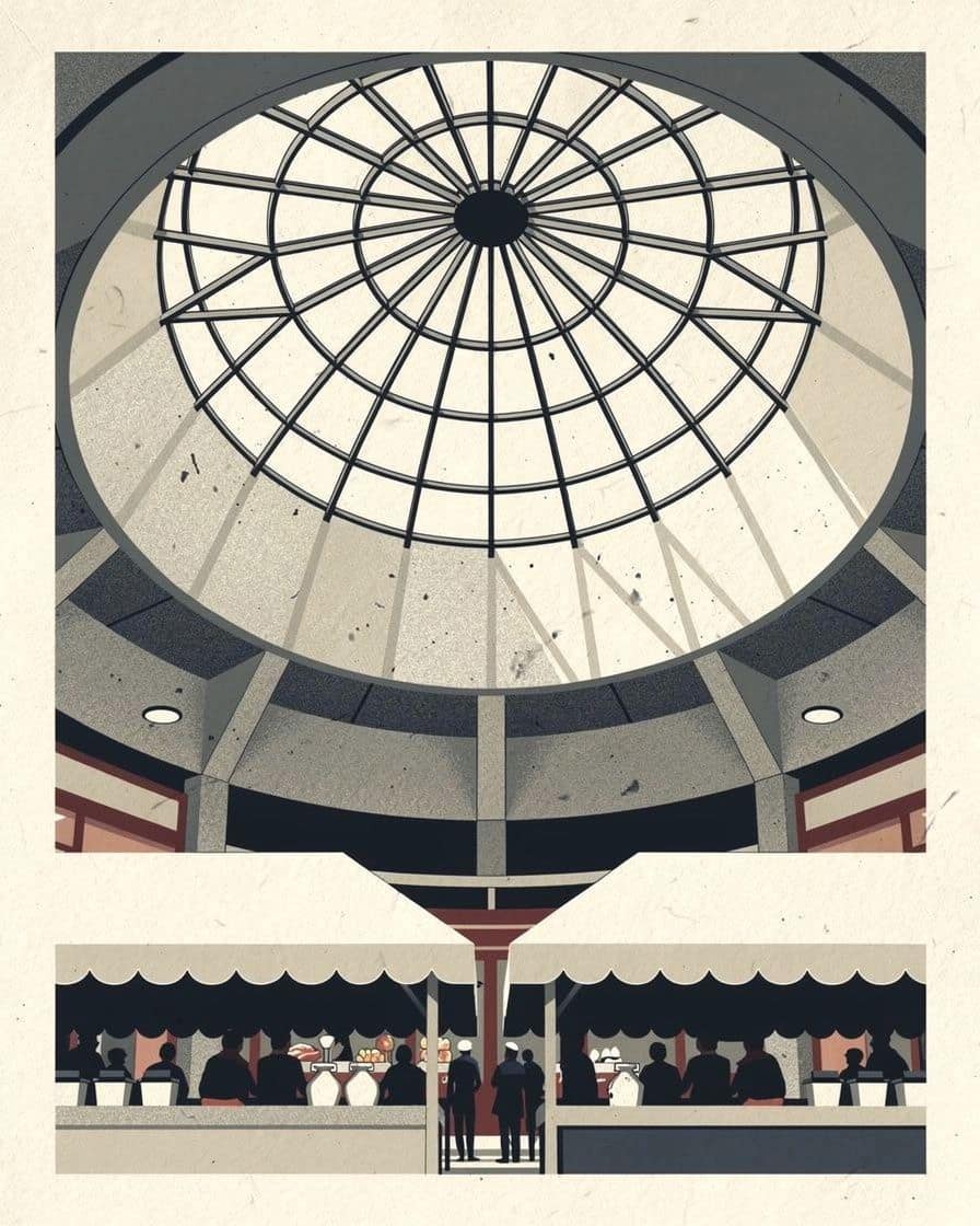 Illustration: Die Kuppel der Markthalle Basel von innen, darunter Essensstände und Gäste an Tischen, durch die Oberlichter fällt graues Regenlicht