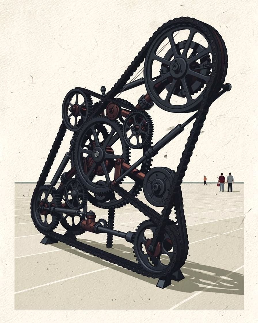 Illustration: Eine grosse kinetische Maschinenskulptur von Jean Tinguely im Museum Tinguely in Basel, Räder und Zahnräder aus Metall in Bewegung
