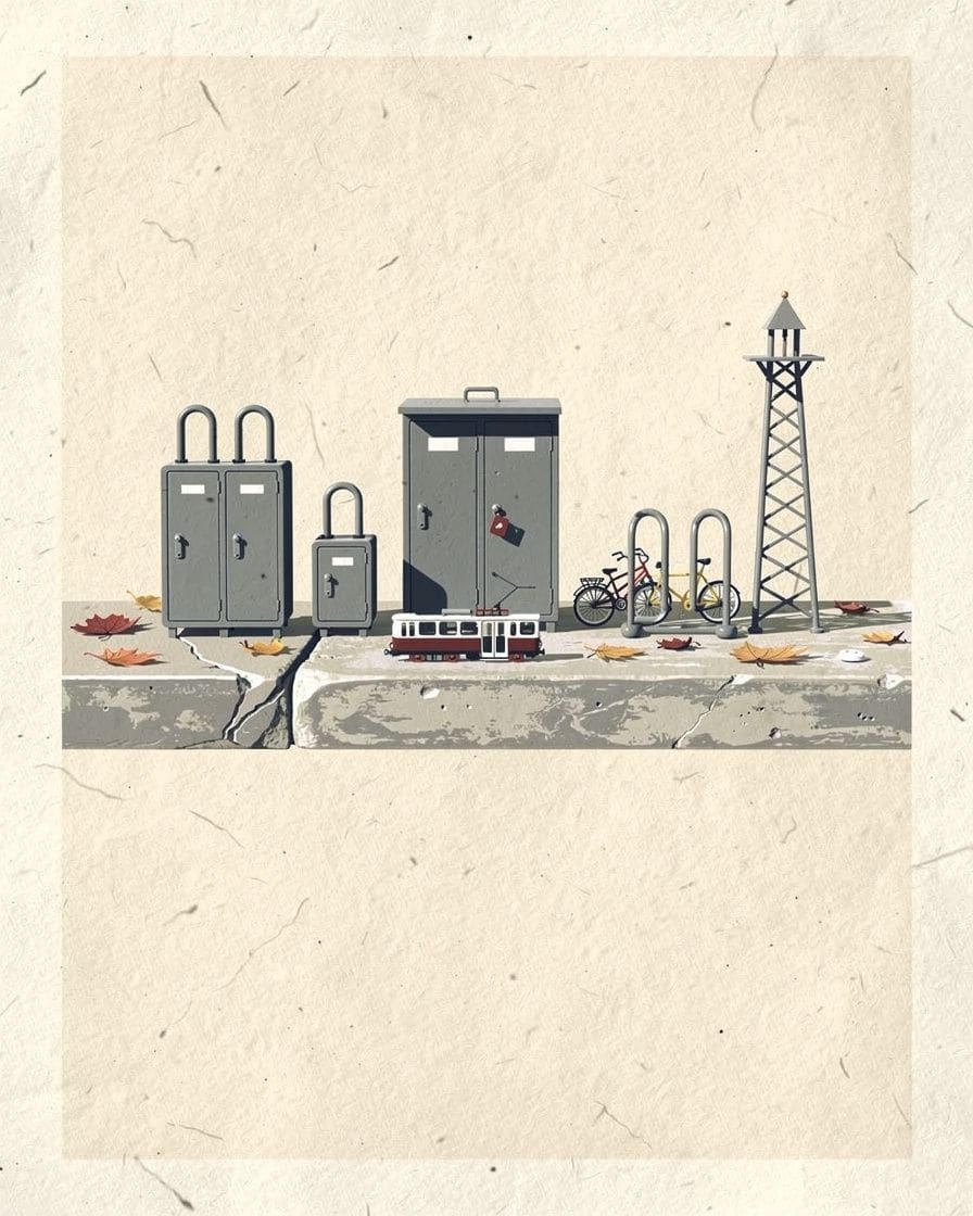 Illustration: Eine Reihe grauer Gepäckschliessfächer in verschiedenen Grössen im Untergeschoss eines Bahnhofs, mit Bedienterminal und Bildschirm